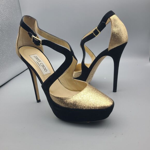 Jimmy Choo women Pump Shoes Tulip Gold Glitter Black Suede Platform sz 8.5 38.5